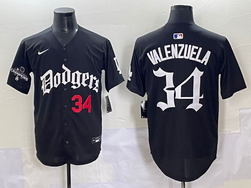 Men 2025 Los Angeles Dodgers #34 Valenzuela Black Seventh generation Joint Name Nike MLB Jersey style 7->texas rangers->MLB Jersey